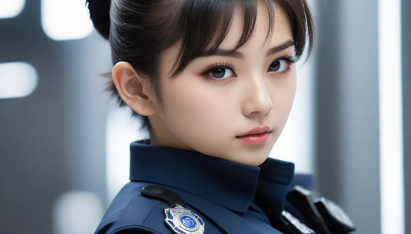 8k, Ultra-high resolution, Highest quality, masterpiece, 三分割法によるphotograph,Surreal, photograph, 1 , (:1.3), cute, cute顔, 細部までBeautiful Eyes, 細かくdetailedに,masterpiece,One Girl:1.2,Japanese women,Policewoman,upper body,glaring,Black short hair,Space buns,ID photo,(Police officer of the future:1.3),cyber punk,Future City,white collar,((Fusion of humans and androids)),((Fusion of humans and androids))(Beautiful attention to detail),Subtle details, detailedな顔,anger,Attractive eyes,(ポートレートphotograph:1.4),(Photorealistic images:1.4),Fantasy art,(Beautiful Face:1.4),美しくAttractive eyes、Beautiful Eyes,Silver residue,(Tight waist:1.4)、(Beautiful with perfect body proportions:1.4),Pink Lips,profile,(((Ideal body type))),A-cup small breasts :2,、Portraiture:2、Perfect Anatomy、鮮明なdetailed、detailed,Fashion magazine cover,Thin lips,完璧でBeautiful Face ,完璧でcute顔, Skin with attention to detail, Perfect limbs、Narrow waist,Surreal,Light and shadow,spotlight