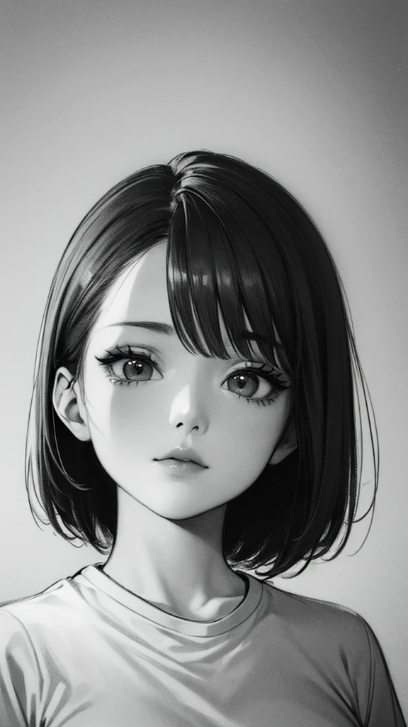 1 woman, alone, monochrome, grayscale, black short hair, portrait, t-shirt, closed mouth, looking at viewer, sketch, graphite \(middle\), small lips, hatching \(group\), Without makeup, upper body, (best illustration), (best quality), (very detailed), (masterpiece), 20s girl, small eyes, bangs,