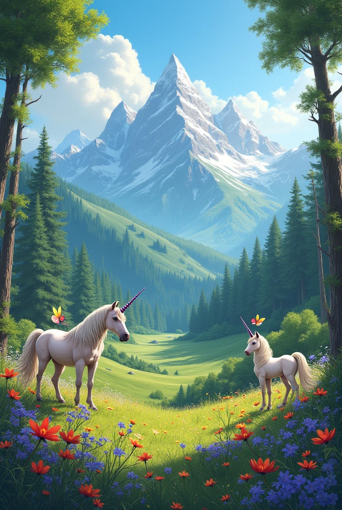 draw and create a fantastic land with forests, mountains and flowers for kids
