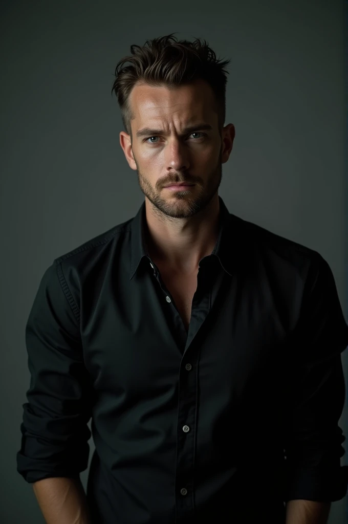 A man of about 2, with a domineering and dark aura, that looks like it's from the mafia, May he be white-skinned, blue eyes and wearing a black button-down shirt that is rolled up to the elbows