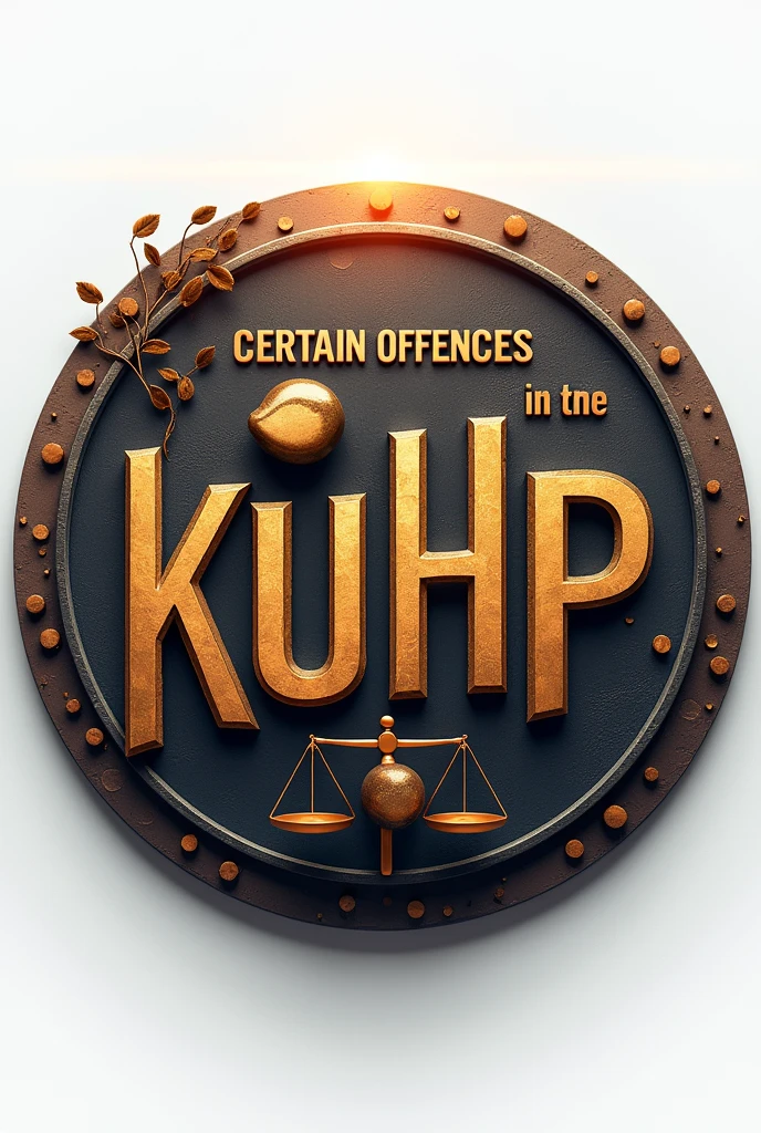 create a perfectly round picture or logo with a law theme that contains writing   "&quot;CERTAIN OFFENSES IN THE KUHP&quot; in large size with realistic animation style and frontal viewpoint, also add elements of images with a criminal law theme such as the legal hammer and legal scales






