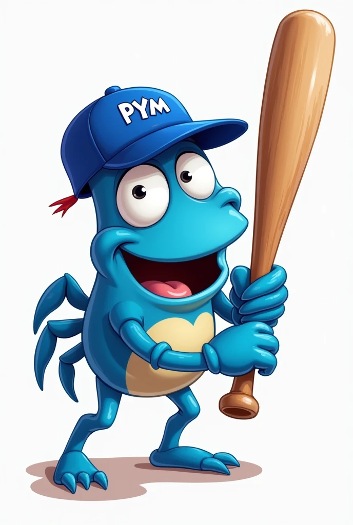 Blue cartoon crab with baseball bat in batting stance with blue cap that says PyM on the front