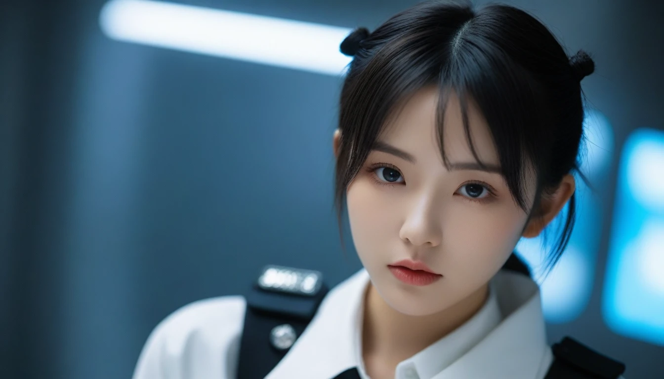 8k, Ultra-high resolution, Highest quality, masterpiece, 三分割法によるphotograph,Surreal, photograph, 1 , (:1.3), cute, cute顔, 細部までBeautiful Eyes, 細かくdetailedに,masterpiece,One Girl:1.2,Japanese women,Policewoman,upper body,glaring,Black short hair,Space buns,ID photo,(Police officer of the future:1.3),cyber punk,Future City,white collar,((Fusion of humans and androids)),((Fusion of humans and androids))(Beautiful attention to detail),Subtle details, detailedな顔,anger,Attractive eyes,(ポートレートphotograph:1.4),(Photorealistic images:1.4),Fantasy art,(Beautiful Face:1.4),美しくAttractive eyes、Beautiful Eyes,Silver residue,(Tight waist:1.4)、(Beautiful with perfect body proportions:1.4),Pink Lips,profile,(((Ideal body type))),A-cup small breasts :2,、Portraiture:2、Perfect Anatomy、鮮明なdetailed、detailed,Fashion magazine cover,Thin lips,完璧でBeautiful Face ,完璧でcute顔, Skin with attention to detail, Perfect limbs、Narrow waist,Surreal,Light and shadow,spotlight