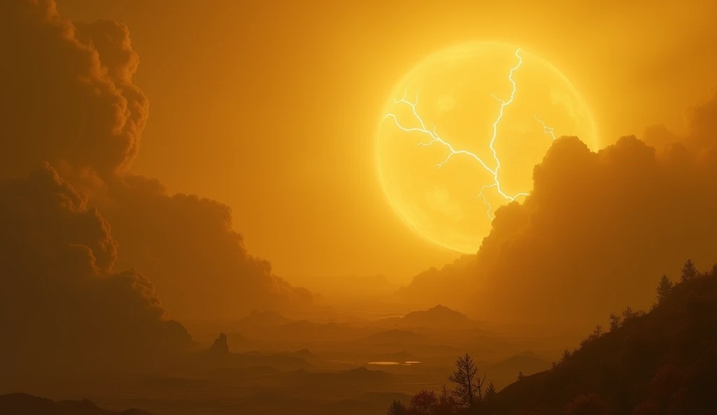 a hazy yellow-tinted planet venus, thick swirling clouds, volcanic plains, lightning storms, dense atmosphere, cinematic lighting, dramatic mood, ultra-detailed, 8k, photorealistic, masterpiece, concept art