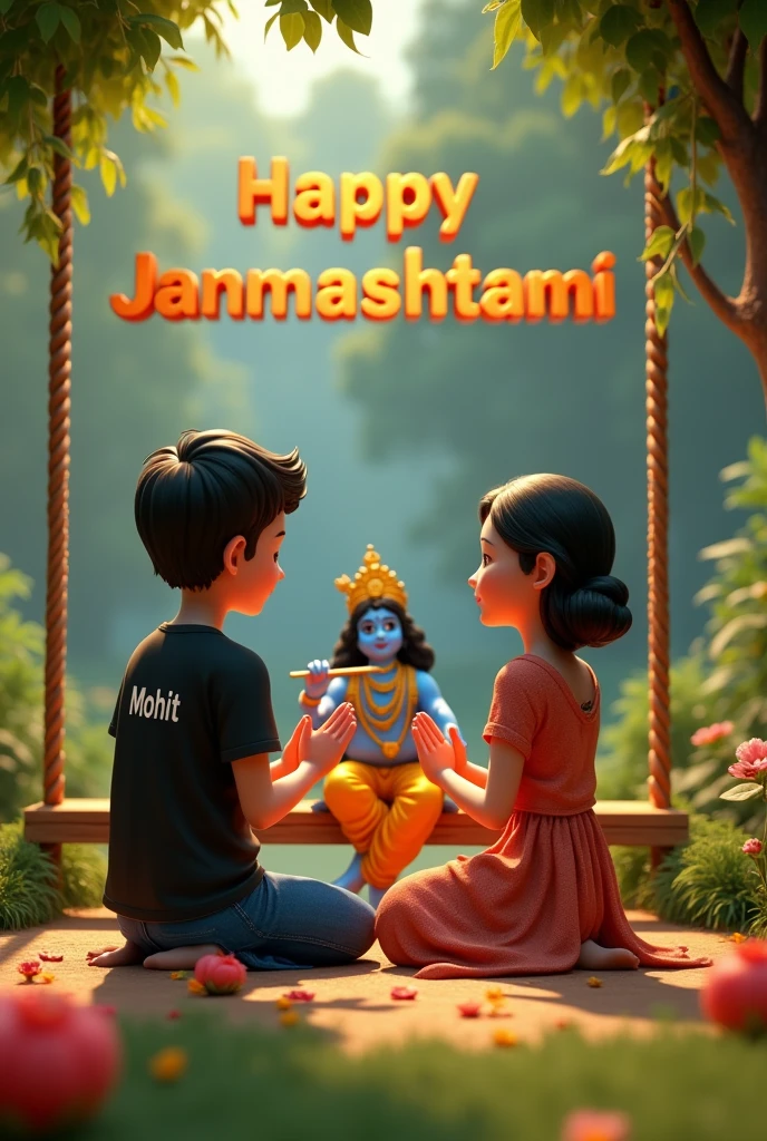 Create a 3D realistic picture “1 couple is worshiping Shree Krishna and Shree krishna is sitting on a swing and playing flute and Boy “MOHIT” is written on the boy’s black t-shirts and “NIDHI” is written on girls’s tshirt the cou- ple is worshiping and in the back- ground “Happy Janmashtami” is written in bold font clearly, make sure everything should be correct.