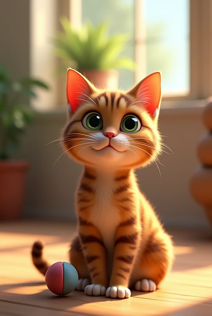 A tabby cat playing with a ball, but then stopping to look into the distance]** 
