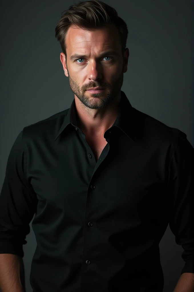 A man of about 2, with a domineering and dark aura, that looks like it&#39;s from the mafia,  May he be white-skinned, blue eyes and wearing a black button-down shirt that is rolled up to the elbows