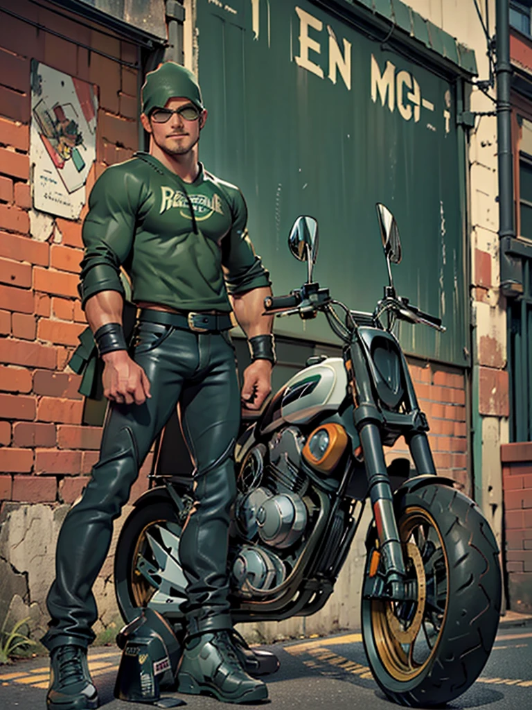 32k, high quality , detailed face , detailed hands , detailed muscles detailed motorcycle , (((stephen amell))) standing near his (((motorcycle 1.2))), posing in a street ,standing with spread legs, showing his muscles, shirtless wearing a very very low dark green pants with brown belt, background brick wall with men health posters