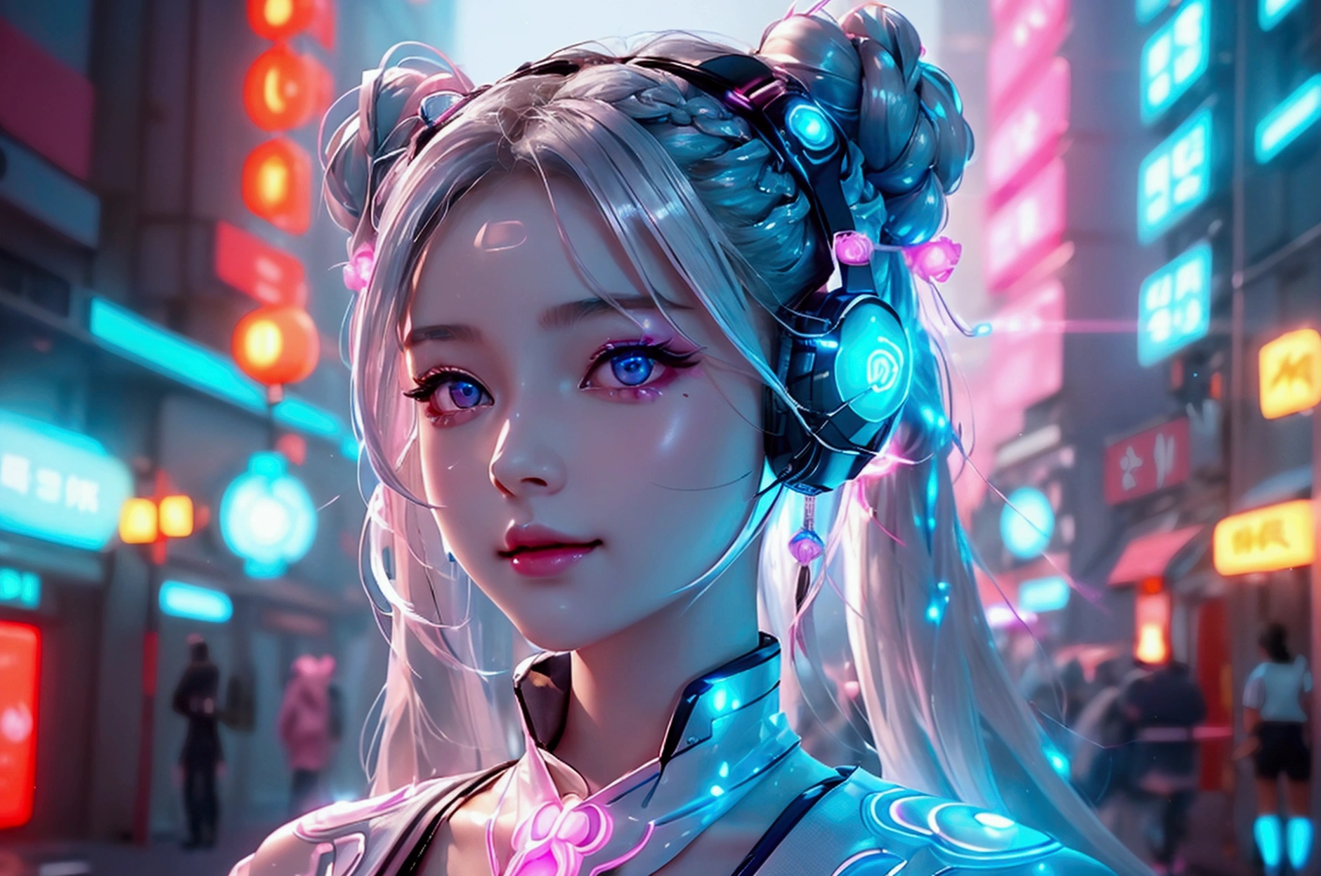 1 woman, Chinese_clothes, liquid silver and pink, Cyber Han,How many guards?,White bra,White underwear with a bow,cyberpunk city, dynamic gesture, Glowing headphones, glowing hair accessories, long hair, glow earrings, Fluorescent necklace, cyberpunk, เมืองที่มีtechnologyสูง, full of mechanical and of the future elements, of the future, technology, glowing neon, pink, Light blue, Clear tool, Transparent beam, laser, City Sky Digital Background, Big Moon, with vehicles, best quality, Masterpiece, 8ก, Edge of character light, Extremely high detail, High quality, The most beautiful woman in humanity, smile a little, The face faces left and right symmetrically., Ear decoration, Beautiful iris light effect, Image data, I have silver-white hair, Hair is not messy, long hair,Two high bun braids hairstyle, Luminous electronic clock, deep eyes, be happy, English Doodle Writing