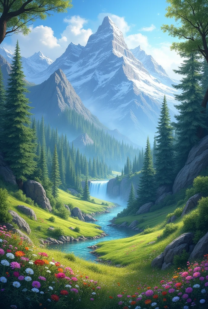draw and create a fantastic land with forests, mountains and flowers whitout animals for