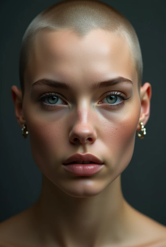 ((Best quality)), ((masterpiece)), (detailed), Woman's face, bald, ((closed mouth:1.2)), (Mouth closed):1.1, Aryan photo model, The face is oval