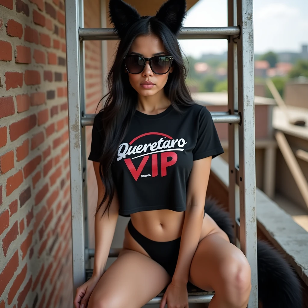 Latin woman, White skin, green eyes, very big breasts, very big buttocks, Athletic legs, dark sunglasses, Black short t-shirt with the legend: "Queretaro VIP", black lingerie, black fox ears, black foxtail, sitting on aluminum ladder, In the background a rustic brick wall, In the background you can see a construction in progress