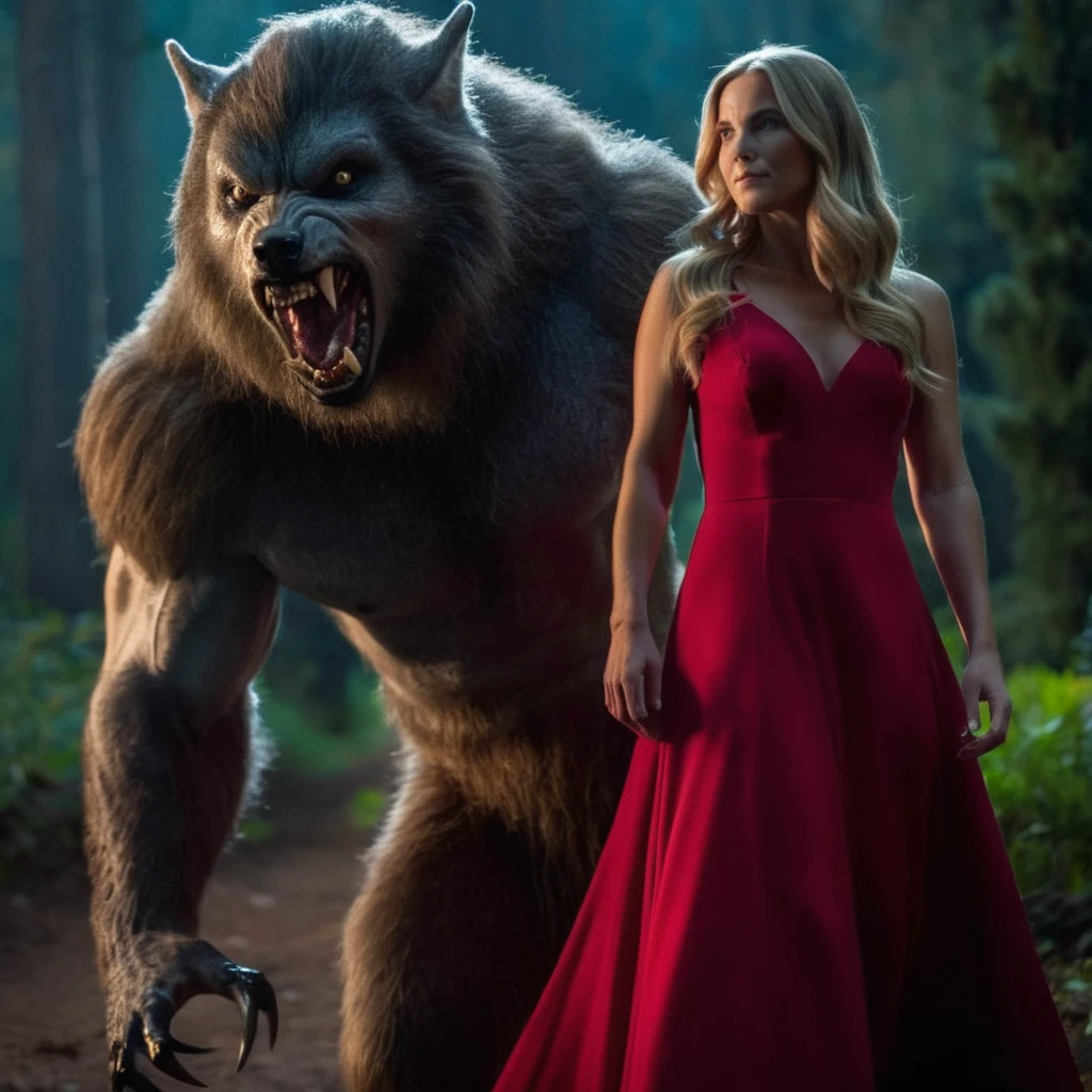 Movie Stills，Under a wide-angle lens，A woman in a red dress stands in the foreground，Next to it is a huge monster werewolf in the background，Werewolf style, Shallow depth of field, Vignette, Very detailed, High Budget, Bokeh, Widescreen movies, Moody, epic, Gorgeous, Film Grain, Granular