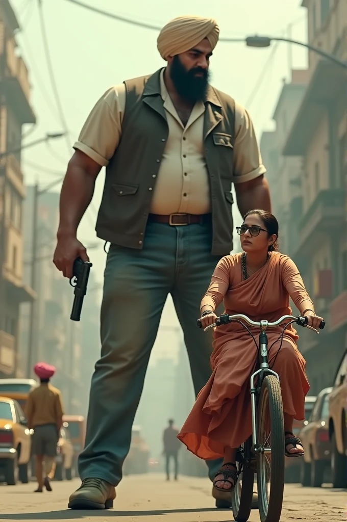 I punjabi man 7 feet tall holding a gun point to Indira Gandhi on a urban bike