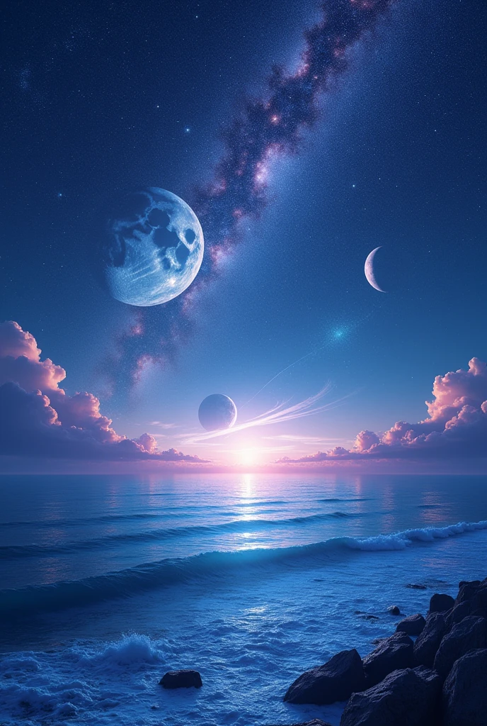 best quality, Full-HD, landscape photo, the universe, ocean, gradient blue background, gradient purple background, in the space, with a moon, with a full moon, with a crescent moon, with stardust, with a planet, with a comet, with a galaxy, at midnight, at night