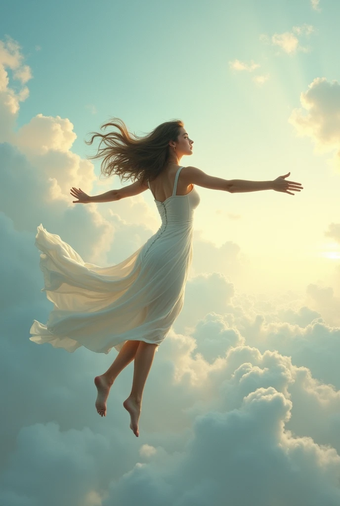 A woman flying with her arms outstretched and her back facing the sky is stunning.