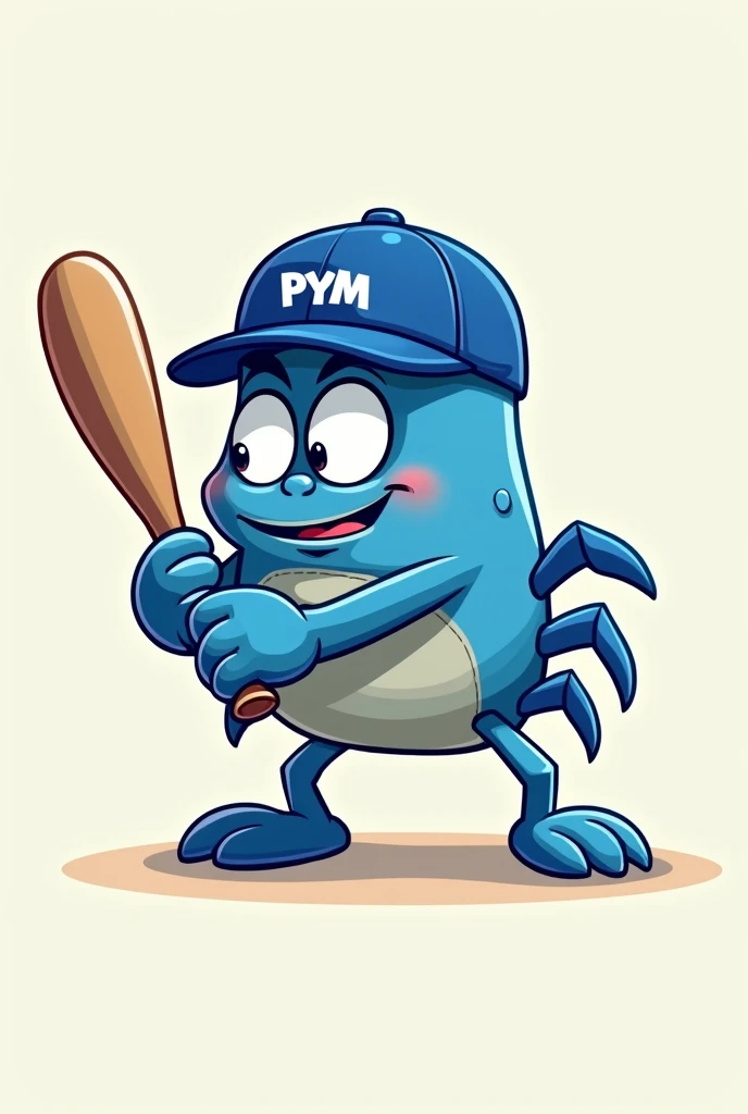 Blue cartoon crab with baseball bat in batting stance with blue cap that says PyM on the front