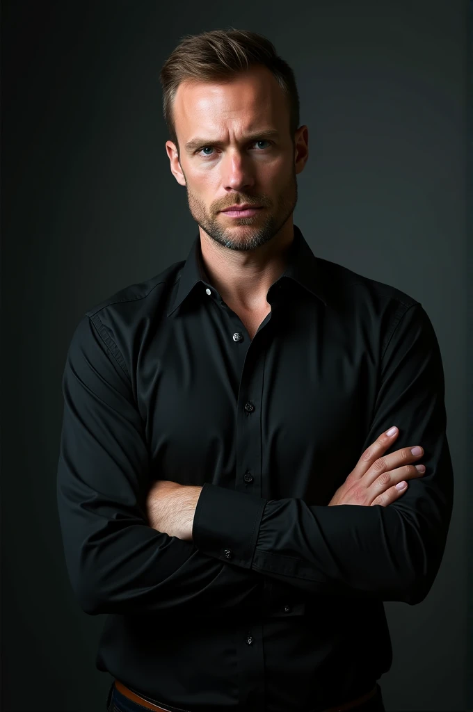 A man of about 2, with a domineering and dark aura, that looks like it's from the mafia, May he be white-skinned, blue eyes and wearing a black button-down shirt that is rolled up to the elbows and has his arms crossed, and that it is Russian