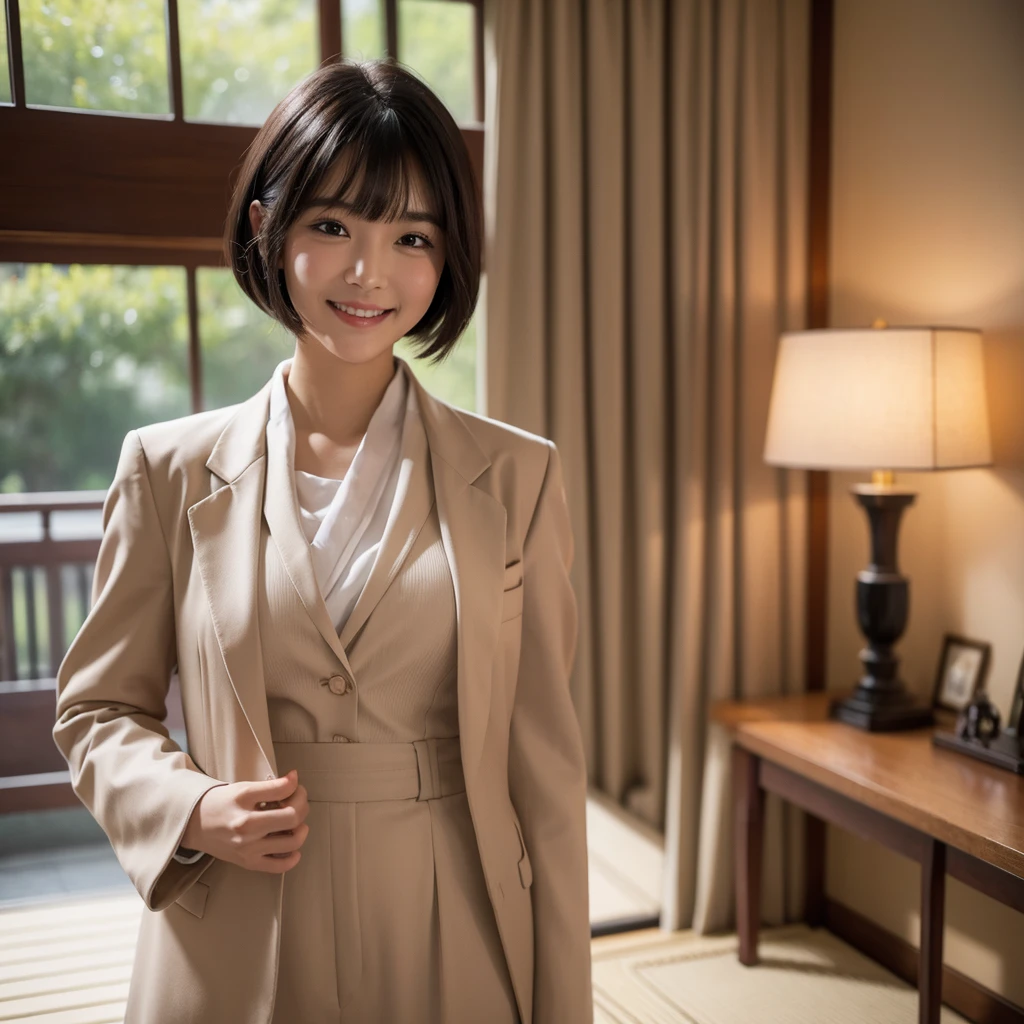(Highest quality, masterpiece), One person, Intricate details, beautiful細部までこだわった顔, business suit, View your viewers, Japan Downtown, blush, Open your mouth, Black Hair, short hair, Blunt bangs, Happy, Are standing, Cowboy Shot,solo, High resolution, smile,beautiful,cute,Dimples,High resolution,