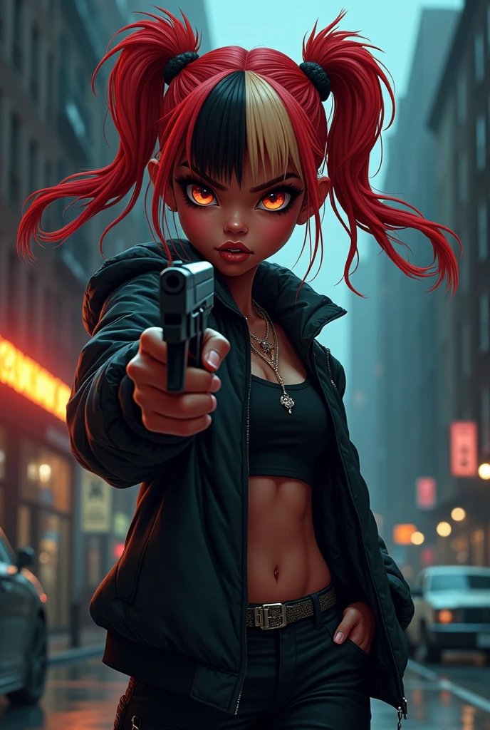 A ((cartoon black girl))) with ((red))), (((black))) and (((blond hair))), dressed in a ((street black outfit)) with a (((black gun))) in her hand, aiming it towards the camera with a psychotic expression
