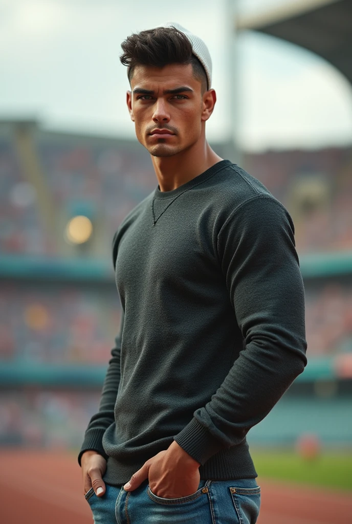 (photorealism:1.2), (8k) (detailed) (Whole body) facial features: Square face with a marked jaw, prominent cheekbones and thick, dark eyebrows. Adds youthfulness to your appearance.hair: hair oscuro, usually combed back or styled slightly tousled, which can vary between short and medium.eyes: eyes verdes oscuros, with a penetrating look that expresses confidence, with hoops on each side.Complexion: slim and well defined. Height 1.80, which gives it an imposing presence.style: Your style of dress: sweater with a white wool cap, ripped jean pants.Skin tone: Skin tone bronceado, typical of the Mediterranean.Expression: He usually has a serious or concentrated expression., Although he can display a charming and confident smile.(standing in a bold pose looking at the camera next to a stadium)