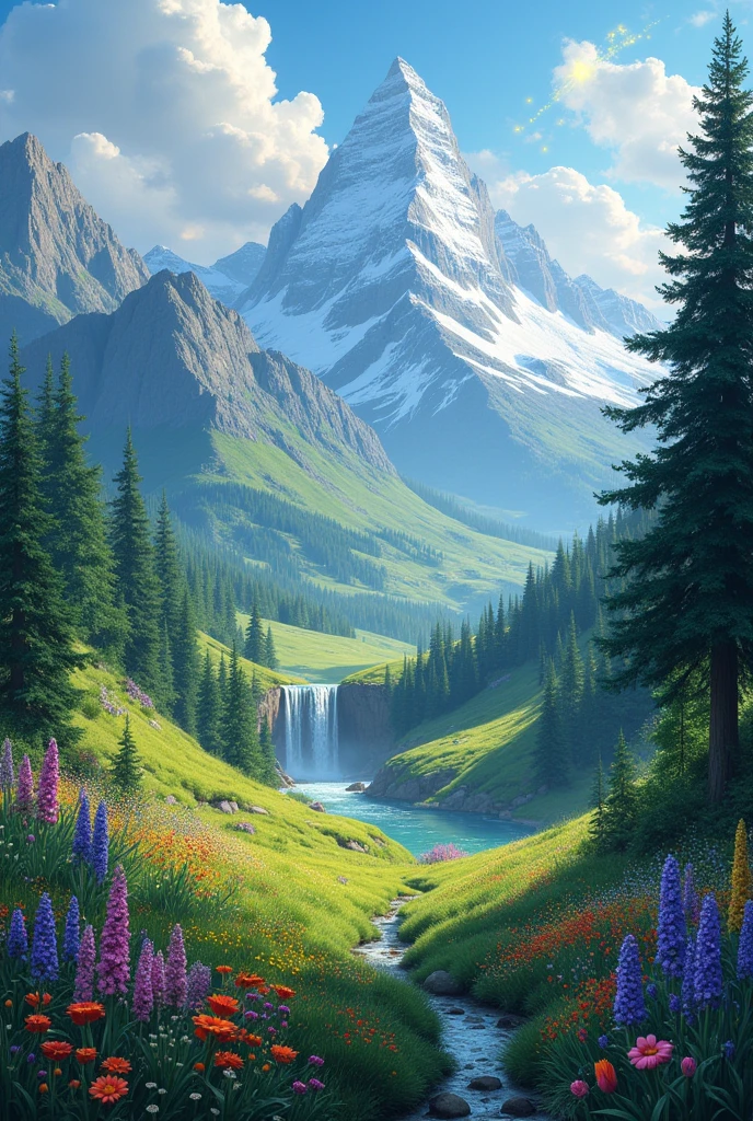 draw and create a fantastic land with forests, mountains and flowers whitout animals for kids