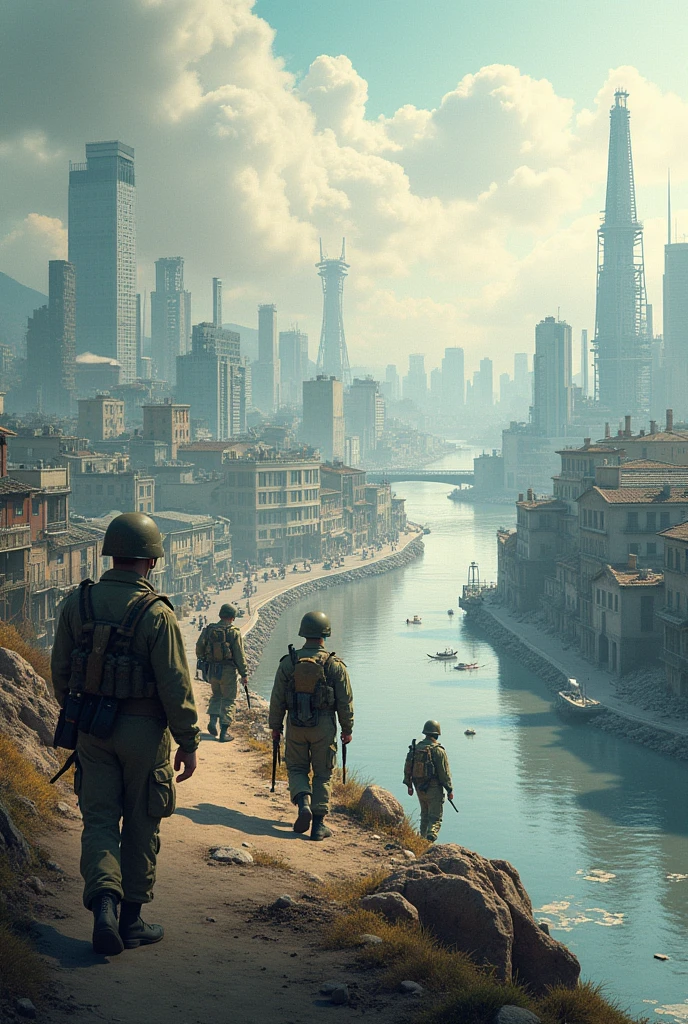 Draw horizontally and go from left to right, the Korean War period in 1950.,And in the 1970s, 1990s, Draw the background on the far right in modern style