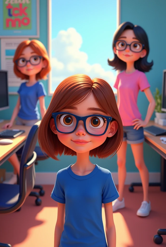 Pixar-style poster of three girls with brown eyes, A girl with medium-length brown hair and a royal blue shirt of medium height, another girl with short red hair with black glasses, short royal blue t-shirt and another girl with long black hair wearing a pink t-shirt in an office with two desks, two computers and a poster with the word Tekuno