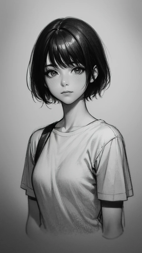 1 woman, alone, monochrome, grayscale, black short hair, portrait, t-shirt, closed mouth, looking at viewer, sketch, graphite \(middle\), small lips, hatching \(group\), Without makeup, upper body, (best illustration), (best quality), (very detailed), (masterpiece), 20s girl, small eyes, bangs,