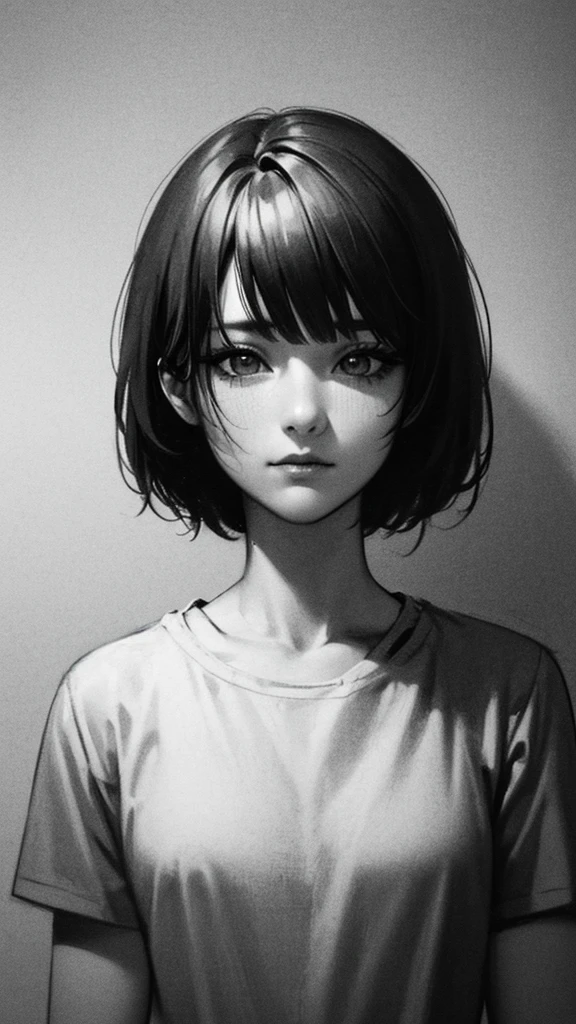 1 woman, alone, monochrome, grayscale, black short hair, portrait, t-shirt, closed mouth, looking at viewer, sketch, graphite \(middle\), small lips, hatching \(group\), Without makeup, upper body, (best illustration), (best quality), (very detailed), (masterpiece), 20s girl, small eyes, bangs,