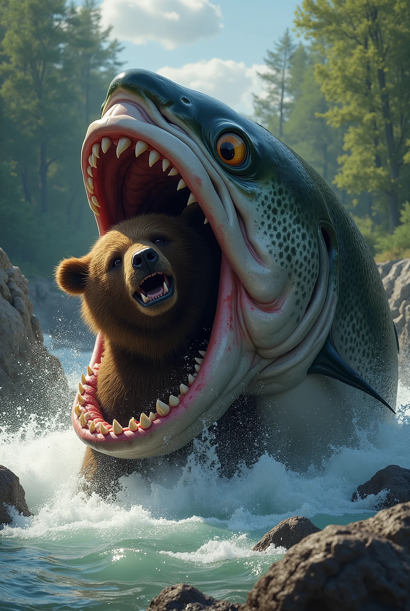 A huge salmon is eating a brown bear in its mouth , クマは怯えている
