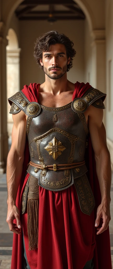 jeweled head crown、Front view , Full-body, looking at viewer, sole, great of king, Alexander , Empire of Greek, standing pose, stand in an ancient Greek palace, 30 years-old, handsome,( wave perm , brown hair , Serious, ), normal body, ((An ancient Greek emperor wearing traditional imperial wear, body of leather armor and emboss of Apron face , shoulder and arm protector , red crock)), sandal, noon ,(Textured skin , HI Detail Skin, (Shorthand, Canon, 8k, Anatomically correct, Super Detail, Attention to detail, Your Highness)