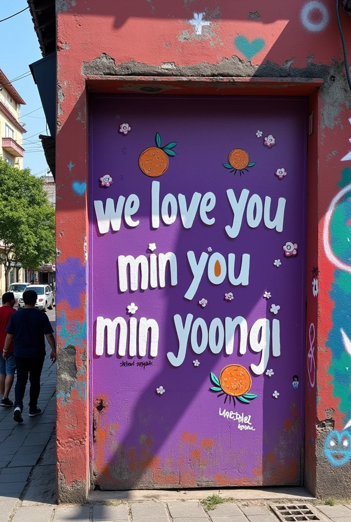Wall on a Brazilian street with graffiti that says:' we love you Min Yoongi '. with purple details, small drawings of tangerines and lotus flower.