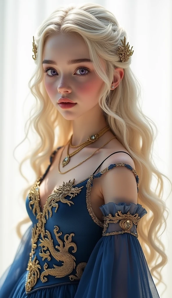 1 girl, full body shot (1.3),close up face shot (1.3), face shot, corridor,Soft Light, Targaryen Beauty,dress,Light-haired,long hair,
white background, gorgeous Targaryen girl, with thick and long wavy silver-gold glossy hair, big and large round shaped pale violet bright eyes, long and thick curly golden eyelashes, upturned nose, high nose bridge, fullest and plumpest pouty rosy red luscious lips, round face shape, shorter face, shorter chin, tiny face size, pale milky white traslucent perfect skin, whitening skin, hourglass voluptuos shaped body, tiny and narrow waist, rounded hips, long and slender beautiful legs, big perfect brests (1.4), large breasts, bust size 84 cm, waist 60 cm, hips 86 cm, bra size 32 C, tall at 5’7, full body image, realistic, photorealistic, ultradetailed, skin texture, hyperealismHigh Resolution, Closed Mouth, highly detailed, high resolution 8K, wearing a Targaryen princess dress with intricate golden dragons dancing sewed on the midnight blue dress dress highliting her horglass body, detailed jewlry, 18-years-old