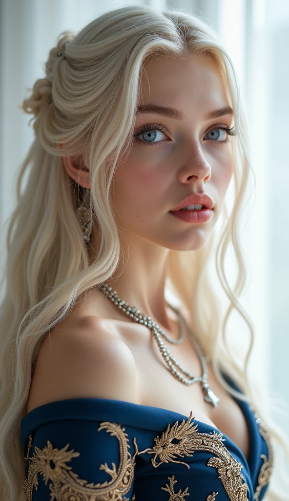 1 girl, full body shot (1.3),close up face shot (1.3), face shot, corridor,Soft Light, Targaryen Beauty,dress,Light-haired,long hair,
 white background, gorgeous Targaryen girl, with thick and long wavy silver-gold glossy hair, big and large round shaped pale violet bright eyes, long and thick curly golden eyelashes, upturned nose, high nose bridge, fullest and plumpest pouty rosy red luscious lips, round face shape, shorter face, shorter chin, tiny face size, pale milky white traslucent perfect skin, whitening skin, hourglass voluptuos shaped body, tiny and narrow waist, rounded hips, long and slender beautiful legs, big perfect brests (1.4), large breasts, bust size 84 cm, waist 60 cm, hips 86 cm, bra size 32 C, tall at 5’7, full body image, realistic, photorealistic, ultradetailed, skin texture, hyperealismHigh Resolution, Closed Mouth, highly detailed, high resolution 8K, wearing a Targaryen princess dress with intricate golden dragons dancing sewed on the midnight blue dress dress highliting her horglass body, detailed jewlry, 18-years-old