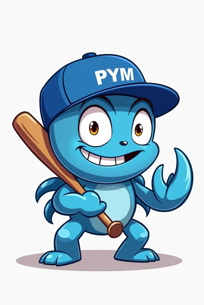 Blue cartoon crab with baseball bat in batting stance with blue cap that says PyM on the front