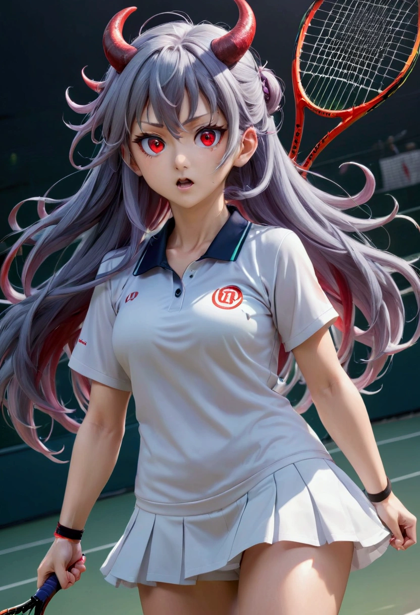 8k, Highest quality, Manga style, View your viewers, Intricate details,One person, Nakiri Ayame, ２Demon horns in the book, Multicolored Hair, Long Hair, Red eyes, Gray Hair, Tennis Wear, tennis racket, The moment the tennis ball is hit back, Sweating, Full body portrait