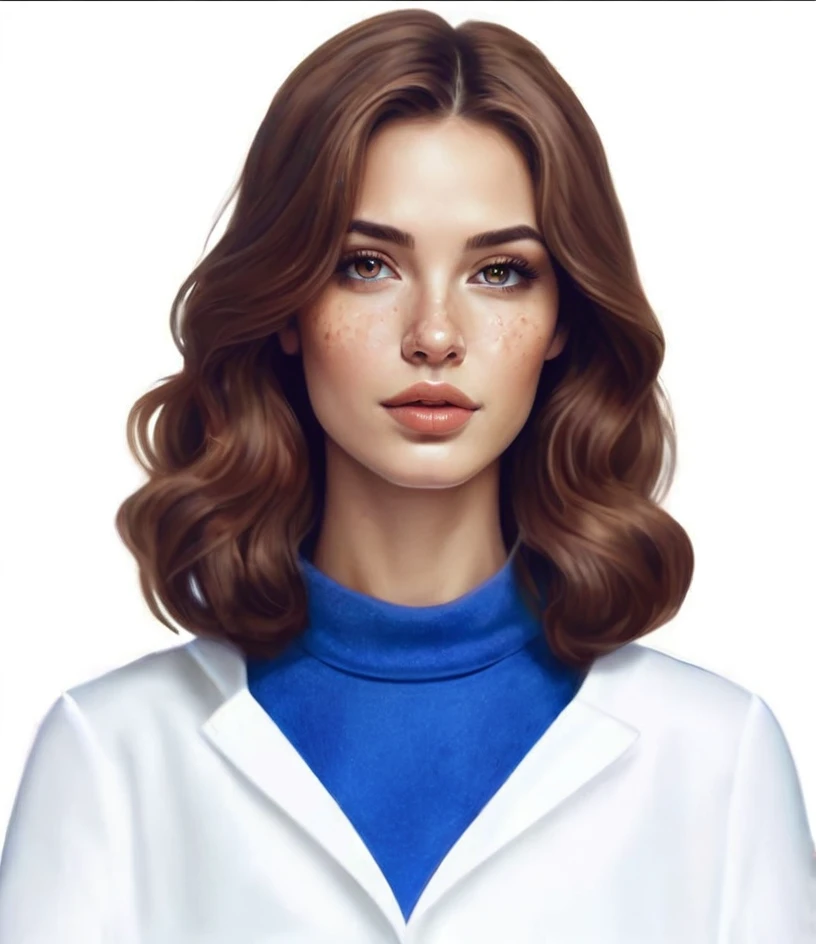 Semi realistic illustration portrait of beautiful young woman, white, of Brown hair, long and wavy, brown-eyed. rectangular face, splattered nose, fine and soft facial features, thick lips, charming look. Pharmacogeneticist doctor in a futuristic science fiction world. 