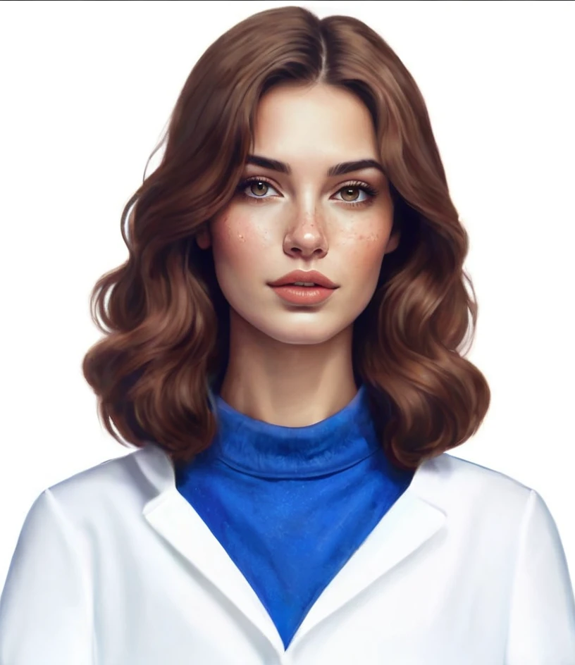 Semi realistic illustration portrait of beautiful young woman, white, of Brown hair, long and wavy, brown-eyed. rectangular face, splattered nose, fine and soft facial features, thick lips, charming look. Pharmacogeneticist doctor in a futuristic science fiction world.