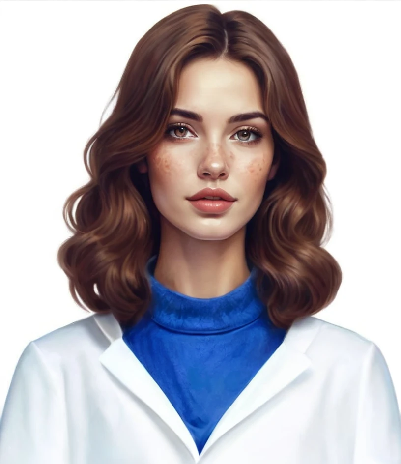 Semi realistic illustration portrait of beautiful young woman, white, of Brown hair, long and wavy, brown-eyed. rectangular face, splattered nose, fine and soft facial features, thick lips, charming look. Pharmacogeneticist doctor in a futuristic science fiction world. 
