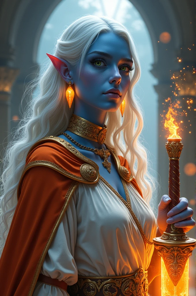 fantasy art, dnd art, RPG art, drkfntasy wide shot, (masterpiece: 1.4) portrait, intense details, highly detailed, photorealistic, best quality, highres, glowing particle portrait a vedalken female (fantasy art, Masterpiece, best quality: 1.3) (blue skin: 1.5), intense details facial details, exquisite beauty, (fantasy art, Masterpiece, best quality)cleric, (blue colored skin: 1.5) blue skinned female, (white hair: 1.3), long hair, intense green eye, (fantasy art, Masterpiece, best quality), (((no ears: 1.5))), armed a fiery sword red fire, wearing heavy (white: 1.3) half plate mail armor CM-Beautiful_armor wearing high heeled laced boots, wearing an(orange :1.3) cloak, wearing glowing holy symbol GLOWING EARRINGS, within fantasy temple background, reflection light, high details, best quality, 16k, [ultra detailed], masterpiece, best quality, (extremely detailed), close up, ultra wide shot, photorealistic, RAW, fantasy art, dnd art, fantasy art, realistic art, 