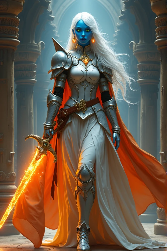 fantasy art, dnd art, RPG art, drkfntasy wide shot, (masterpiece: 1.4) portrait, intense details, highly detailed, photorealistic, best quality, highres, glowing particle portrait a vedalken female (fantasy art, Masterpiece, best quality: 1.3) (blue skin: 1.5), intense details facial details, exquisite beauty, (fantasy art, Masterpiece, best quality)cleric, (blue colored skin: 1.5) blue skinned female, (white hair: 1.3), long hair, intense green eye, (fantasy art, Masterpiece, best quality), (((no ears: 1.5))), armed a fiery sword red fire, wearing heavy (white: 1.3) half plate mail armor CM-Beautiful_armor wearing high heeled laced boots, wearing an(orange :1.3) cloak, wearing glowing holy symbol GLOWING EARRINGS, within fantasy temple background, reflection light, high details, best quality, 16k, [ultra detailed], masterpiece, best quality, (extremely detailed), close up, ultra wide shot, photorealistic, RAW, fantasy art, dnd art, fantasy art, realistic art, 