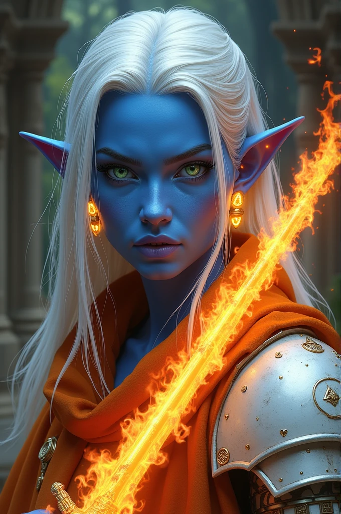 fantasy art, dnd art, RPG art, drkfntasy wide shot, (masterpiece: 1.4) portrait, intense details, highly detailed, photorealistic, best quality, highres, glowing particle portrait a vedalken female (fantasy art, Masterpiece, best quality: 1.3) (blue skin: 1.5), intense details facial details, exquisite beauty, (fantasy art, Masterpiece, best quality)cleric, (blue colored skin: 1.5) blue skinned female, (white hair: 1.3), long hair, intense green eye, (fantasy art, Masterpiece, best quality), (((no ears: 1.5))), armed a fiery sword red fire, wearing heavy (white: 1.3) half plate mail armor CM-Beautiful_armor wearing high heeled laced boots, wearing an(orange :1.3) cloak, wearing glowing holy symbol GLOWING EARRINGS, within fantasy temple background, reflection light, high details, best quality, 16k, [ultra detailed], masterpiece, best quality, (extremely detailed), close up, ultra wide shot, photorealistic, RAW, fantasy art, dnd art, fantasy art, realistic art, 