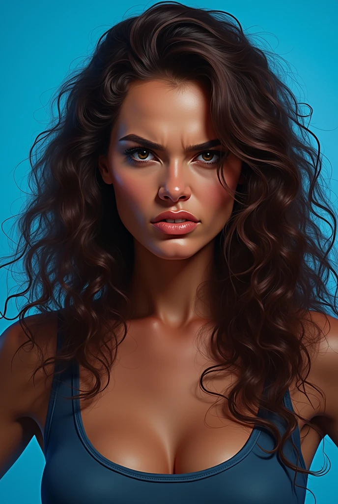 Angry brown woman with long curly hair against a blue background