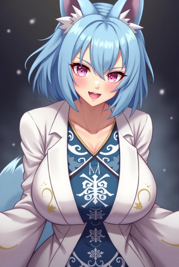 masterpiece, best quality, highres, ah3, hinata_hyuuga, facial mark, short hair, blue hair, white eyes, no pupils, (((blue multiple tails, blue fox tail, blue fox ears))), magical girl, naked body, slim body, large breasts, blue stockings, bracelet, necklace, hair clip, sexy pose, smile, standing, house, (((holding a blue fireball in one hand)))