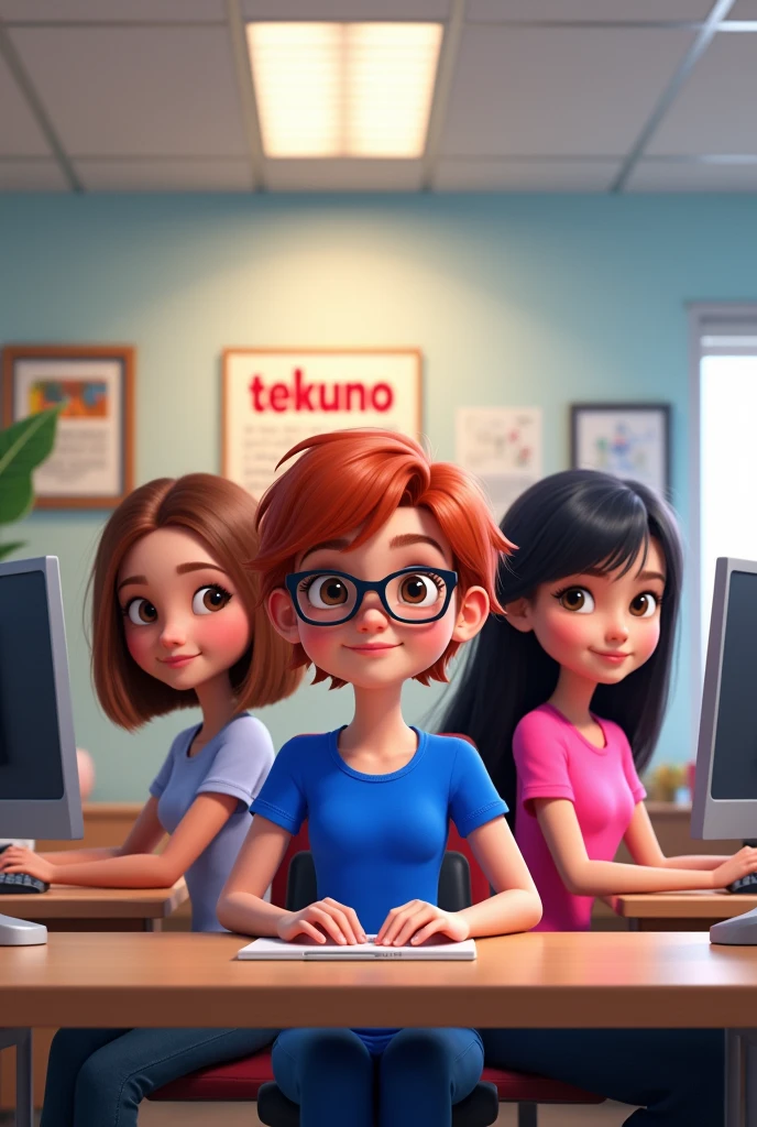 Pixar-style poster of three girls with brown eyes, A girl with medium-length brown hair and a royal blue shirt of medium height, another girl with short red hair with black glasses, short royal blue t-shirt and another girl with long black hair wearing a pink t-shirt in an office with two desks, two computers and a poster with the word Tekuno