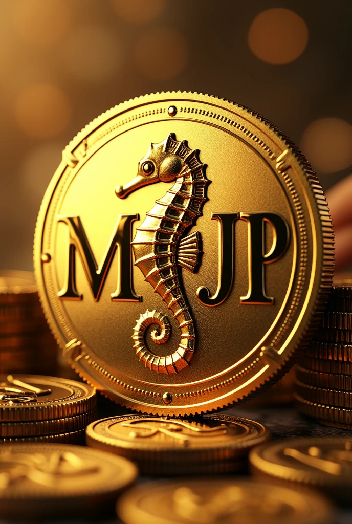 Create a coin with the words MJP in it and a seahorse design in the center Gold High quality Luxurious image