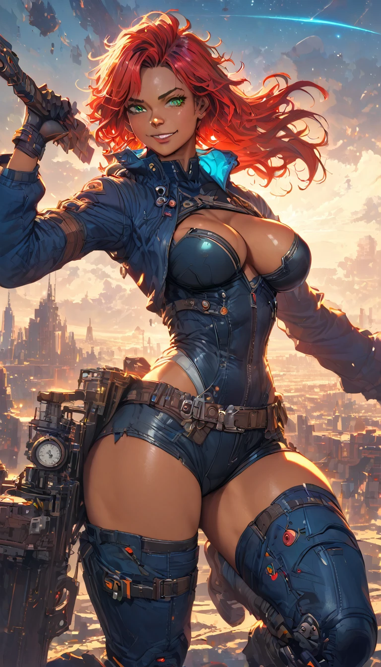 best quality,4k,8k,highres,masterpiece:1.2),ultra-detailed, extremely detailed eyes, extremely detailed body, (large masterpiece digital art), (detailed manga illustration), (detailed line art), ((perfect anatomy)), (intricate details:1.3), (ultra-detailed:1.3), (illustration:1.3), (sharp focus:1.3), (natural lighting:1.05), (vivid colors:1.3), (masterpiece), (best quality:1.4), (perfect anatomy:1.4), high quality, expressive eyes, full body, detailed face, beautiful face, perfect face, 1 girl, breasts, cleavage, gloves, large breasts, cyberpunk clothes, jacket, black jacket, very long hair, thigh length hair, ({dark skin}), dark-skinned female ,detailed ((red hair)), messy hair, green eyes, hourglass physique, bodysuit, ultramarine bodysuit, sleeveless, shorts, thick thighs, toned, captain marvel emblem, emblem, superhero, dynamic lighting, cinematic lighting, dynamic heroic pose, smiling, outer space background, curvy, Atey Ghailan, Jeremy Mann, Greg Manchess, Antonio Moro, trend in ArtStation, trend in CGSociety, Intricate, High Detail, Sharp focus, dramatic and photorealistic painting art by Midjourney and Greg Rutkowski, Jeff Bridges, ((cartoon style)), Marvel Cinematic Universe style
