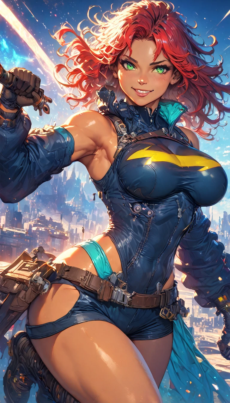 best quality,4k,8k,highres,masterpiece:1.2),ultra-detailed, extremely detailed eyes, extremely detailed body, (large masterpiece digital art), (detailed manga illustration), (detailed line art), ((perfect anatomy)), (intricate details:1.3), (ultra-detailed:1.3), (illustration:1.3), (sharp focus:1.3), (natural lighting:1.05), (vivid colors:1.3), (masterpiece), (best quality:1.4), (perfect anatomy:1.4), high quality, expressive eyes, full body, detailed face, beautiful face, perfect face, 1 girl, breasts, cleavage, gloves, large breasts, cyberpunk clothes, jacket, black jacket, very long hair, thigh length hair, ({dark skin}), dark-skinned female ,detailed ((red hair)), messy hair, green eyes, hourglass physique, bodysuit, ultramarine bodysuit, sleeveless, shorts, thick thighs, toned, captain marvel emblem, emblem, superhero, dynamic lighting, cinematic lighting, dynamic heroic pose, smiling, outer space background, curvy, Atey Ghailan, Jeremy Mann, Greg Manchess, Antonio Moro, trend in ArtStation, trend in CGSociety, Intricate, High Detail, Sharp focus, dramatic and photorealistic painting art by Midjourney and Greg Rutkowski, Jeff Bridges, ((cartoon style)), Marvel Cinematic Universe style