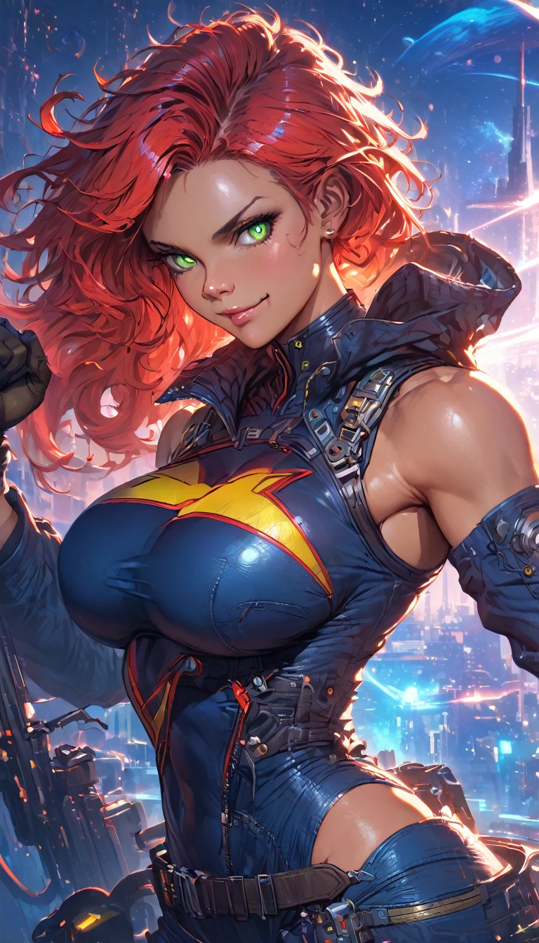 best quality,4k,8k,highres,masterpiece:1.2),ultra-detailed, extremely detailed eyes, extremely detailed body, (large masterpiece digital art), (detailed manga illustration), (detailed line art), ((perfect anatomy)), (intricate details:1.3), (ultra-detailed:1.3), (illustration:1.3), (sharp focus:1.3), (natural lighting:1.05), (vivid colors:1.3), (masterpiece), (best quality:1.4), (perfect anatomy:1.4), high quality, expressive eyes, full body, detailed face, beautiful face, perfect face, 1 girl, breasts, cleavage, gloves, large breasts, cyberpunk clothes, jacket, black jacket, very long hair, thigh length hair, ({dark skin}), dark-skinned female ,detailed ((red hair)), messy hair, green eyes, hourglass physique, bodysuit, ultramarine bodysuit, sleeveless, shorts, thick thighs, toned, captain marvel emblem, emblem, superhero, dynamic lighting, cinematic lighting, dynamic heroic pose, smiling, outer space background, curvy, Atey Ghailan, Jeremy Mann, Greg Manchess, Antonio Moro, trend in ArtStation, trend in CGSociety, Intricate, High Detail, Sharp focus, dramatic and photorealistic painting art by Midjourney and Greg Rutkowski, Jeff Bridges, ((cartoon style)), Marvel Cinematic Universe style